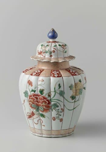 Lobed covered jar with two bouquets and flower scrolls by anonymous