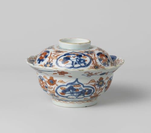 Covered bowl with flower pots, sprays and landscapes in cartouches by anonymous
