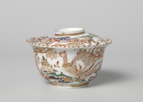 Covered bowl with hoo-birds, flowering plants and floral scrolls by anonymous