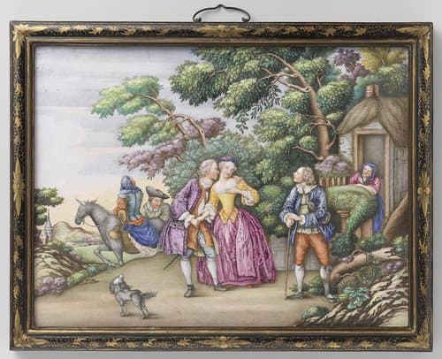 Two plaques depicting European fêtes champêtres by anonymous