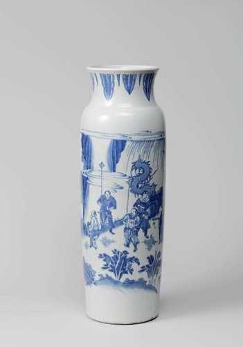 Vase (rolwagen) with a meeting between officials and a hermit in a landscape by anonymous
