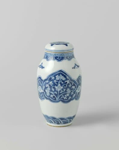 Ovoid covered jar with floral scrolls in reserve in ruyi-shaped panels by anonymous