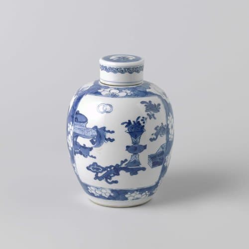 Ovoid covered jar with peachblossoms on 'crackled ice' and antiquities by anonymous