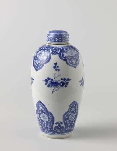 Ovoid covered jar with flower scrolls in lappet borders by anonymous