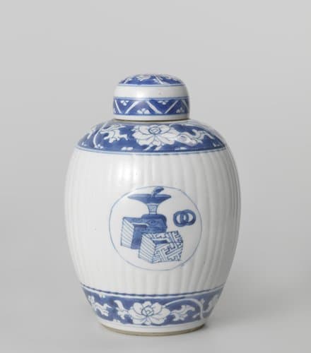 Ovoid fluted covered jar with precious objects in medallions and floral scrolls by anonymous