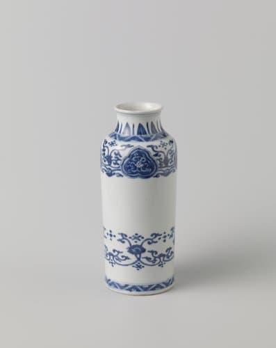 Cylindrical bottle vase with floral scrolls and ornamental borders by anonymous
