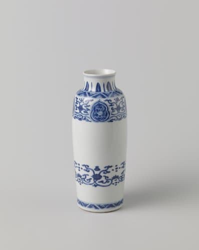 Cylindrical bottle vase with floral scrolls and ornamental borders by anonymous