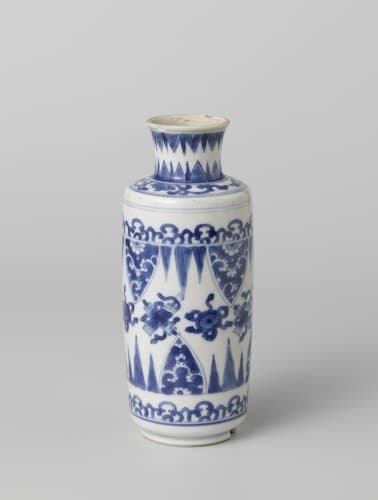 Cilindrical bottle vase with auspicious symbols, scrolls and petal borders by anonymous