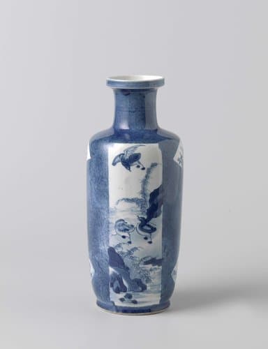 Cilindrical vase with powder blue and panels with figures and animals in landscapes by anonymous