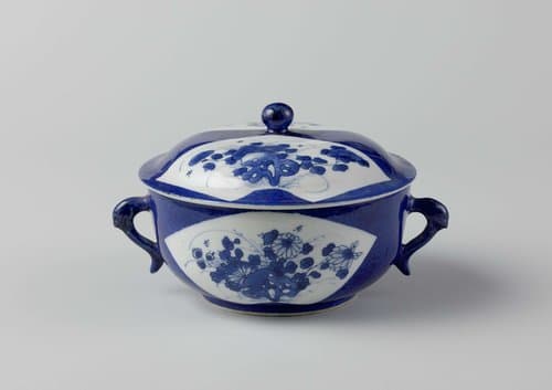 Covered bowl with powder blue and flower sprays in fan-shaped panels by anonymous