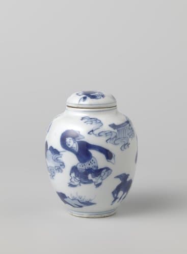 Ovoid covered jar with three figures and a deer in a landscape by anonymous