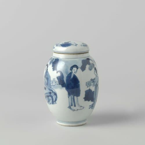 Ovoid covered jar with women in a landscape by anonymous