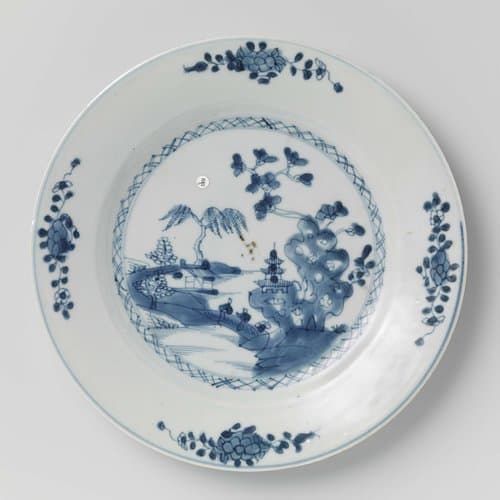 Bord met rivierlandschap en bloemtakken by anonymous