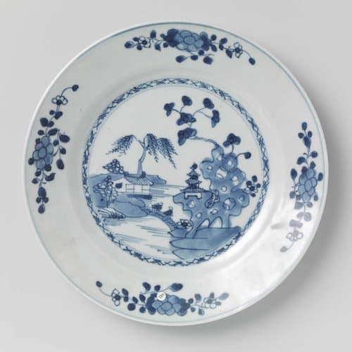 Bord met rivierlandschap en bloemtakken by anonymous