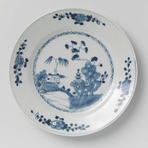 Bord met rivierlandschap en bloemtakken by anonymous