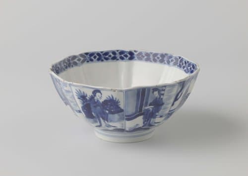 Octagonal bowl with women on a terras and playing boys by anonymous