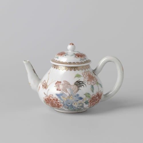 Teapot with a cock on a rock near flowering plants by anonymous