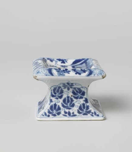 Square salt cellar with a woman and boy, floral scrolls and flowering plants by anonymous