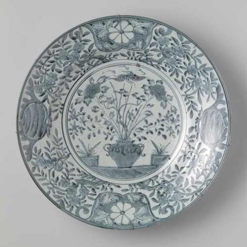 Dish with a flowerpot and flowering plants by anonymous; anonymous