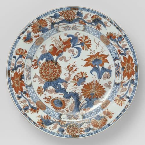 Dish with large, flowering plants and a diaper pattern by anonymous