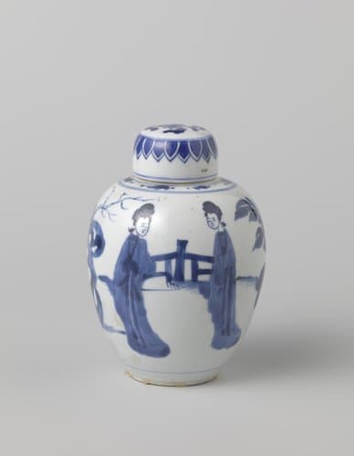 Ovoid covered jar with four women in a fenced garden by anonymous
