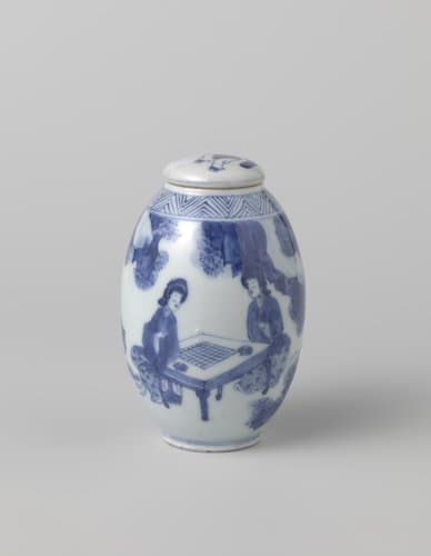 Ovoid covered jar with women and a boy in a landscape by anonymous