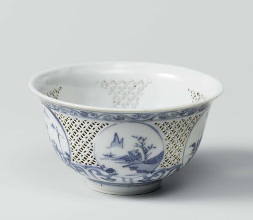 Bell-shaped bowl with pierced sides, landscapes and flowering plants by anonymous
