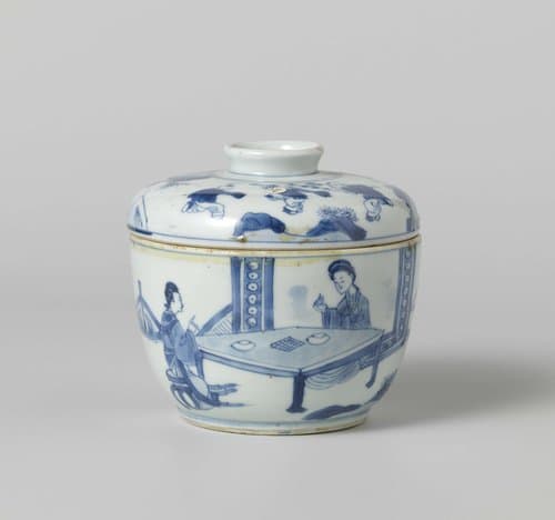 Covered jar with three women in a garden and playing boys by anonymous