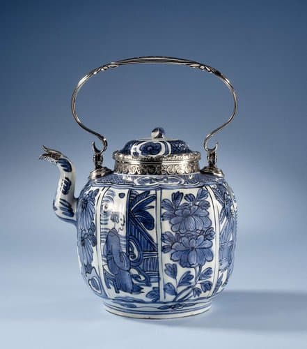 Teapot with panel decoration with flowering plants, figures and silver mounts by anonymous