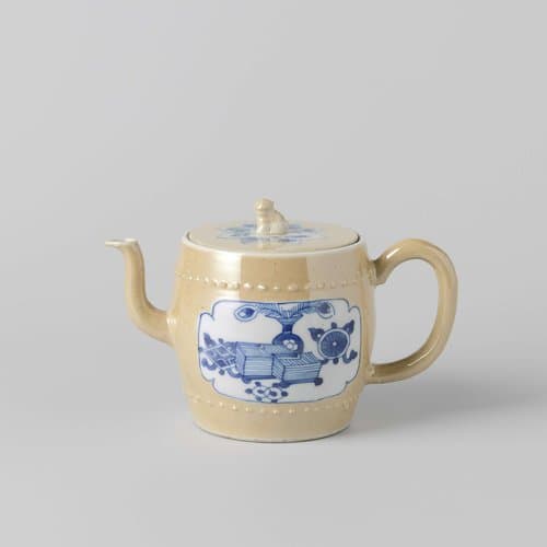 Teapot with light brown, flowering plants and antiquities by anonymous