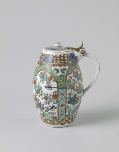 Barrel-shaped tankard and cover with flowering plants in panels by Samson & Cie.