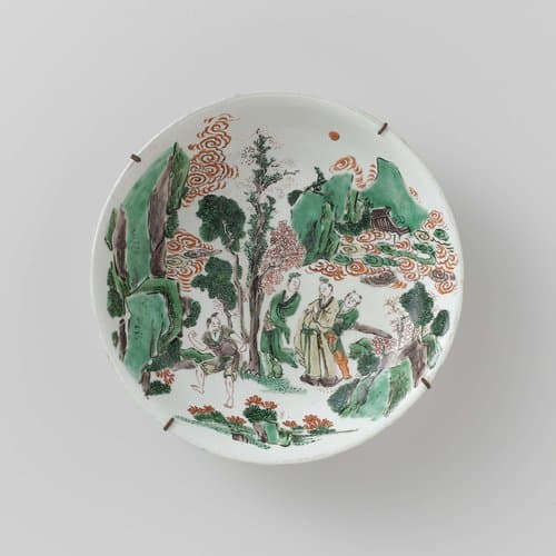 Schaal met vier personen in een rotsachtig landschap by anonymous