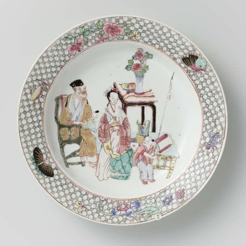 Soup plate with an old man, a woman and two boys among precious objects by anonymous