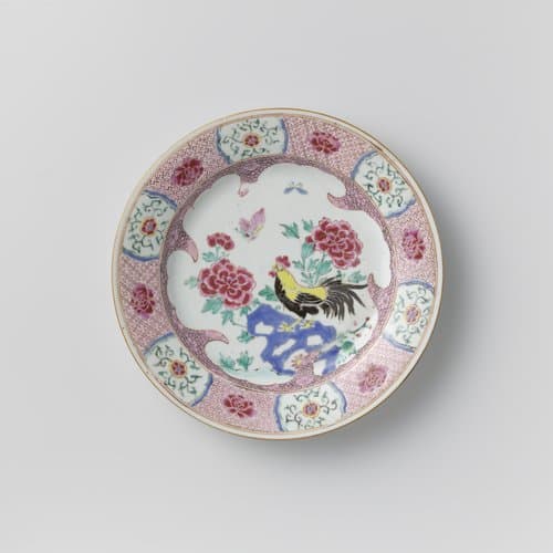 Plate with a cock on a rock near flowering plants by anonymous