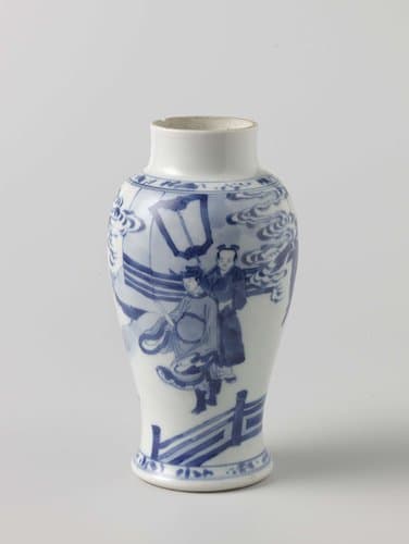 Baluster covered jar with three figures in a fenced garden by anonymous
