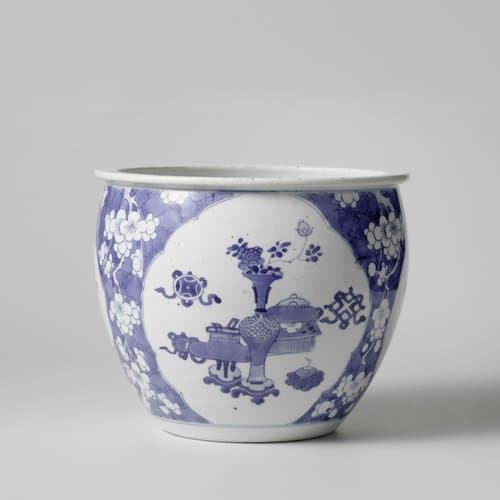 Flowerpot with panels and prunus sprays on crackled ice ground by anonymous