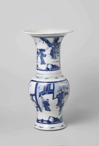 Baluster beaker vase with four narrative scenes in panels by anonymous