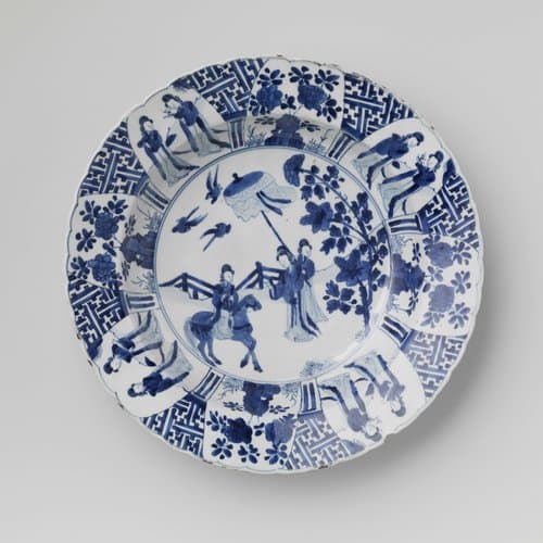 Dish with women in a fenced garden and flowering plants near a rock by anonymous