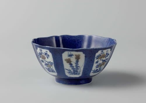 Bowl with powder blue and panels in reserve with flowering plants by anonymous