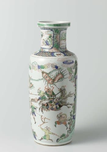 Vase with pine, battle scene and two river landscapes by anonymous