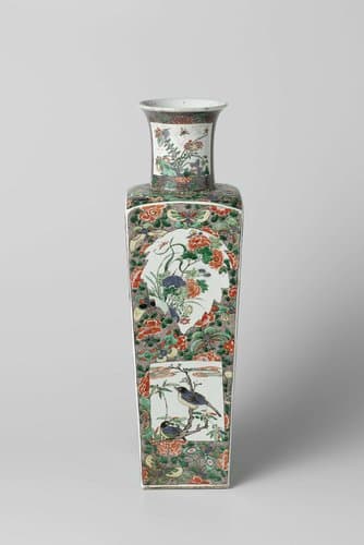 Vase with flower sprays and animals in cartouches in reserve on an aubergine speckled ground by anonymous
