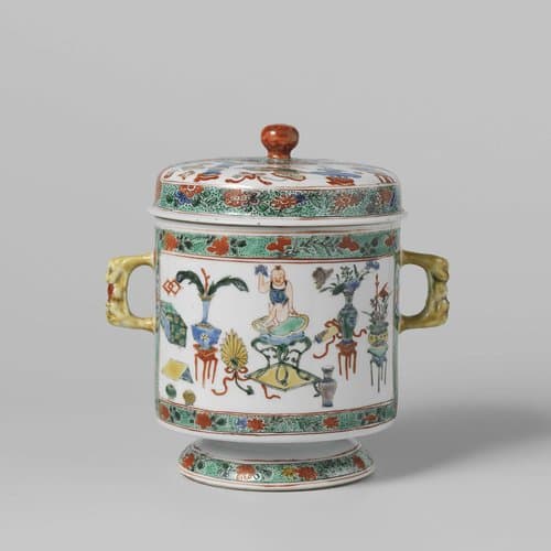 Covered jar with antiquities in panel decoration by anonymous