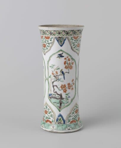 Beaker vase with birds, flowering plants, floral scrolls and antiquities in panels by anonymous
