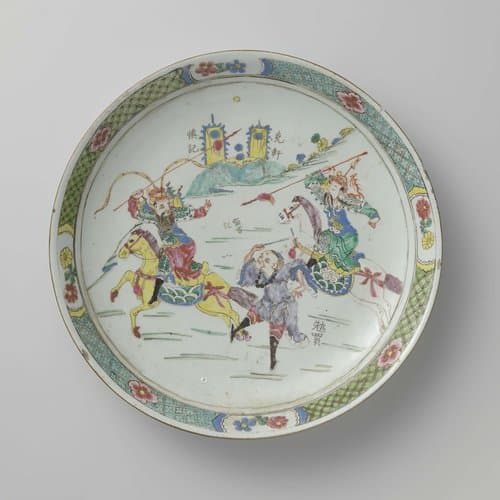 Saucer dish with two warriors on horseback and a man on foot by anonymous
