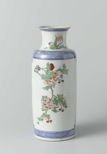 Cylindrical vase with peony and lotus in a cartouche on diaper pattern by anonymous