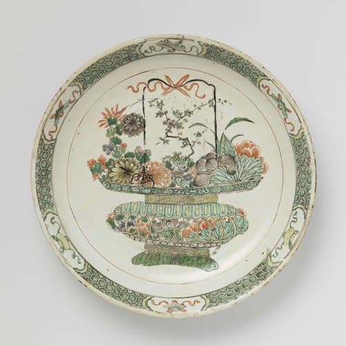 Saucer-dish with flowerbasket and precious objects by anonymous