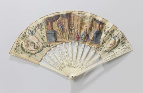 Vouwwaaier met (rijst)papieren blad waarop, met tempera koning Salomo en de koningin van Sheba, op een ajour en in reliëf gesneden montuur van ivoor by anonymous