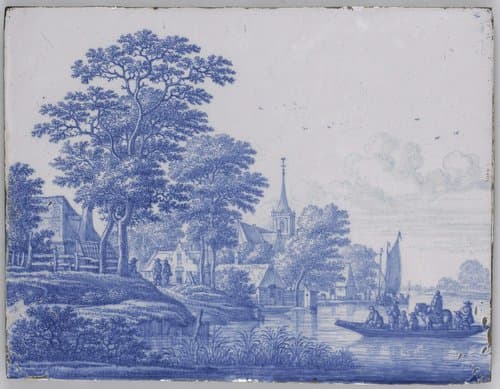 Rechthoekige plaque met rivierlandschap
