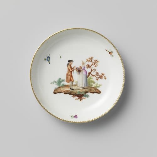 Schotel, beschilderd met een heer en een koopvrouw by Manufacture Oud-Loosdrecht