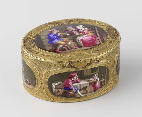 Snuifdoos van goud, ovaal, met zes taferelen in émail
